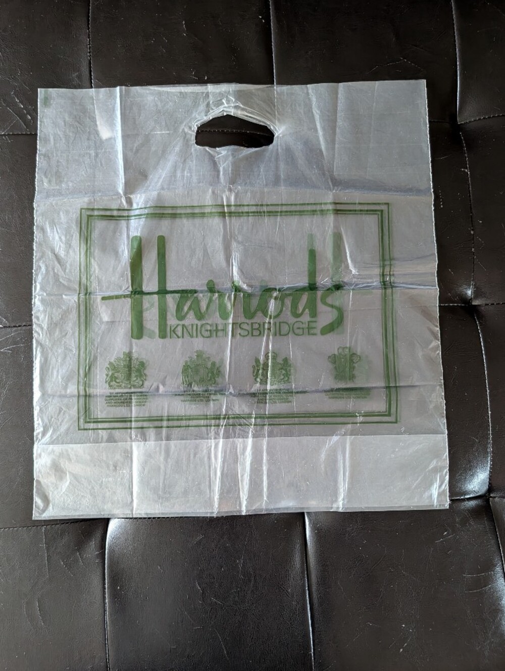 Harrods Plastic Bag with Olive Green Logo Vintage 1987